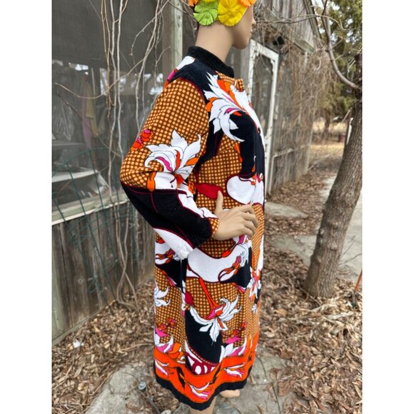 70s MÖVE (Moeve) Terrycloth Robe Coat Mandarin Collar Vibrant Mix Print Cotton - Picture 9 of 13